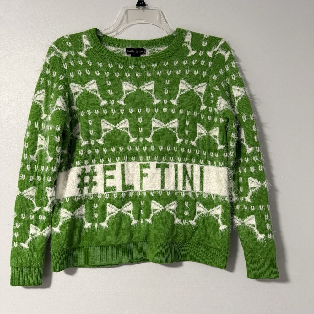 Faith & Zoe Elftini Fuzzy Sweater Green White M Champagne Glass Christmas